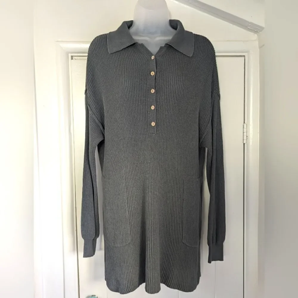 FP Beach Linen Ribbed Polo Dress Rebel Punk Coastal Cowgirl Lagenlook Preppy XS - Picture 2 of 12
